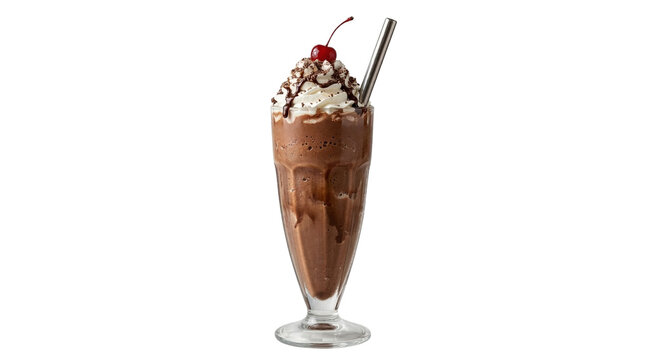 Chocolate milkshake with fluffy whipped cream, rich chocolate syrup, and a bright red cherry. Served in a tall glass with a metal straw, a refreshing sweet indulgence