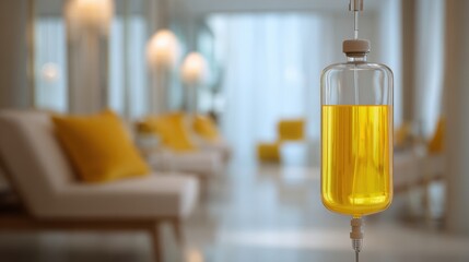 Naklejka premium Yellow IV infusion bag in cozy living setting, candles and soft lighting, plush seating and warm textiles, portable infusion setup for residential recovery, calm supportive atmosphere for healing