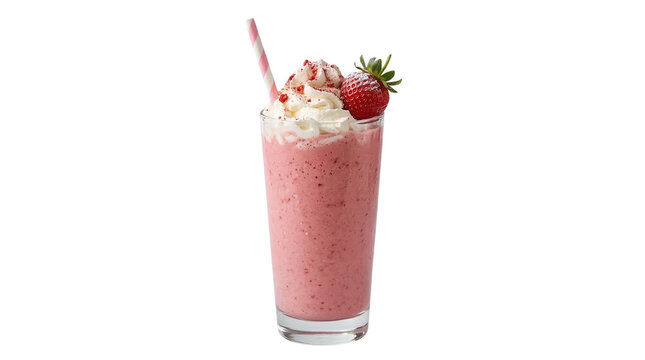 Delicious pink strawberry milkshake with whipped cream and a strawberry on top, served in a tall glass with a striped straw, perfect for a refreshing summer treat