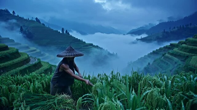 Farmer's dedicated harvest on the majestic Longji terraces, emerging from a mystical morning haze