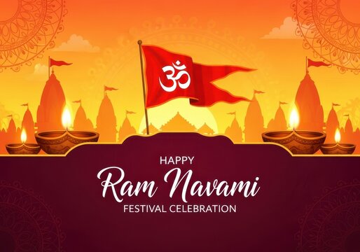 Happy Ram Navami Festival Celebration with Om Flag and Diyas