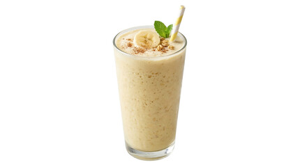 Delicious creamy banana smoothie in a tall glass with straw, garnished with mint and banana slice, perfect for a healthy breakfast or refreshing snack © Graphic Studio