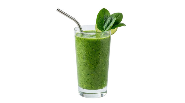 Refreshing green smoothie, a healthy blend of fresh fruits and vegetables, elegantly served in a glass with a reusable metal straw, promoting vitality and a wholesome diet