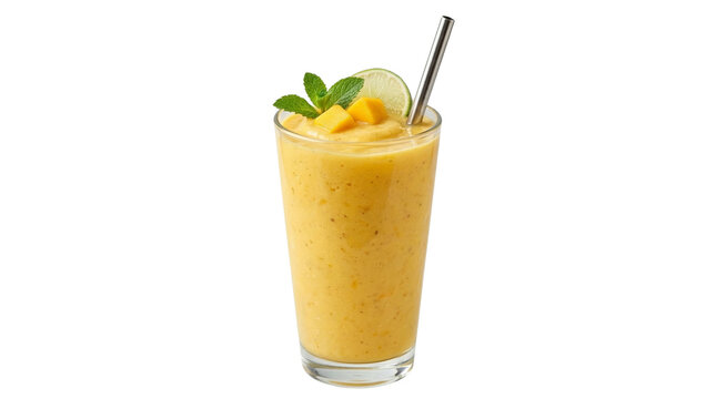 Refreshing yellow mango smoothie in a clear glass with a reusable metal straw, garnished with a lime slice and mint leaves, perfect for a healthy breakfast or snack