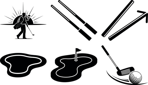 Assorted golf equipment and icons featuring clubs putter and player illustration