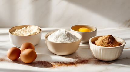 Fototapeta premium Baking ingredients arranged on white background including eggs, flour and cocoa powder for homemade pastry preparation.