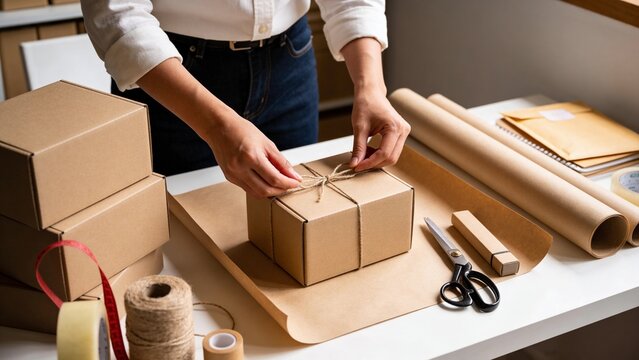A woman preparing a package for shipping, representing small business, delivery, and logistics.