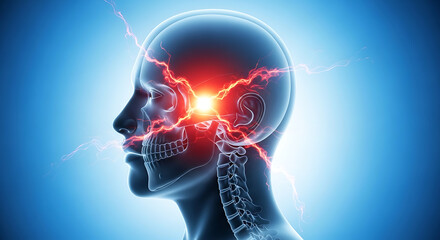 Fototapeta premium Headache and brain pain concept with glowing red migraine