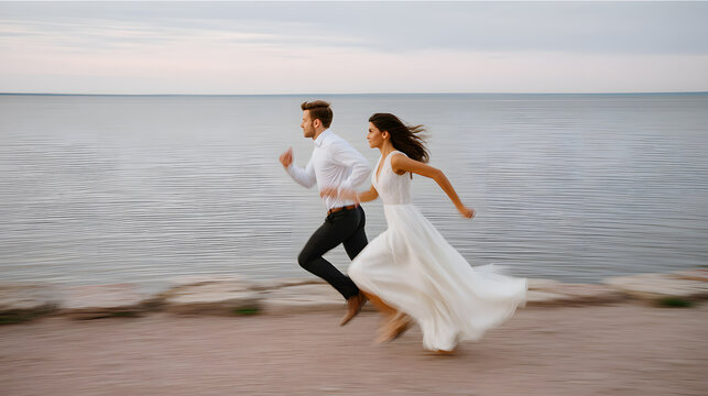 Bride and groom running on beach representing romantic wedding moment and love concept.