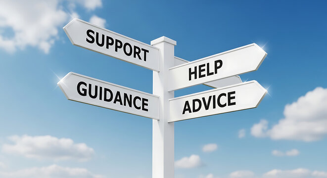 directional signpost with support, guidance, help, and advice arrows under blue sky