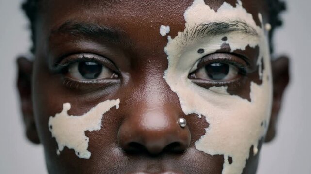 Soulful gaze and a playful wink unveil the captivating natural beauty of a person embracing their unique vitiligo skin patterns