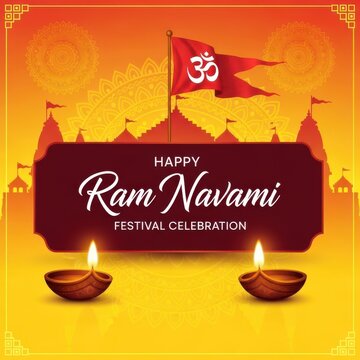 Ram Navami Festival Celebration with Om Flag, Diyas, and Temple Silhouettes on Orange Background