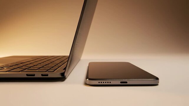 Video of minimalist laptop and smartphone arrangement in beige studio setting, consumer electronics presentation, modern workspace aesthetic theme.
