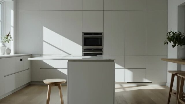 Video of clean minimalist kitchen interior with moving sunlight, contemporary home setting, Scandinavian style decor, bright residential backdrop and organized living concept.