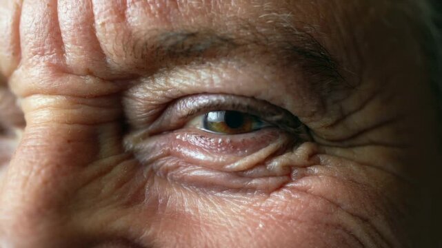 Wisdom's gaze, an aged eye blinks softly, revealing the intricate patterns of a life beautifully lived