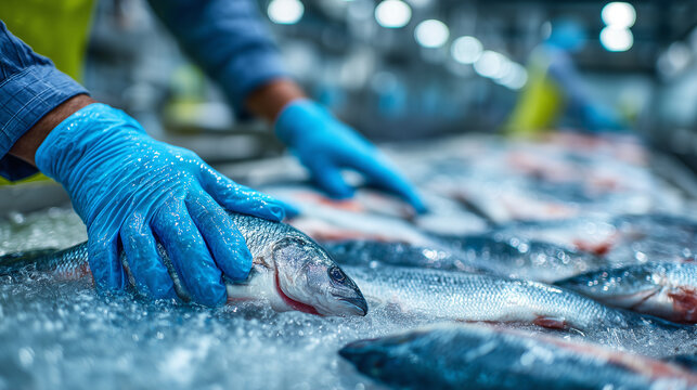Fresh fish processing on industrial production line with worker in protective gloves sorting seafood quality control in factory