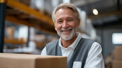 Obraz premium Retired teacher volunteers at food bank sorting donations alongside diverse group of senior volunteers in warehouse space, perfect for hunger relief, community service keywords, and contemporary