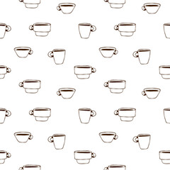 Obraz premium Seamless pattern with hand drawn coffee cups and mugs. Minimal line art background with espresso and cappuccino cups. Vector illustration for cafe branding, packaging, textile and wallpaper design