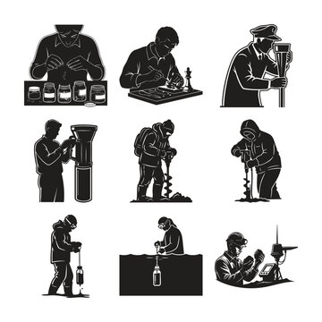 Industrial workers and scientific research silhouette set bundle art