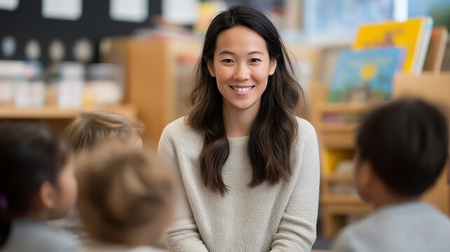 Vietnamese language teacher conducting bilingual storytime with preschoolers sitting on colorful carpet, picture books in English and Vietnamese displayed on easel, perfect for multilingual