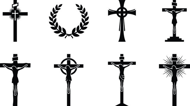 Set of Christian crucifix icons featuring Jesus Christ on the cross with laurel wreath and Celtic symbols for Good Friday, Easter, and church branding.