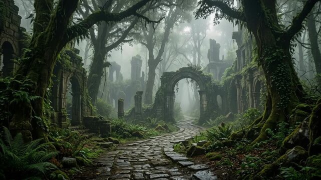 Overgrown ancient stone ruins and stone archway along a cobblestone path in a dense foggy mystical forest