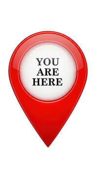 A red location pin with a white center that says you are here isolated on transparent background