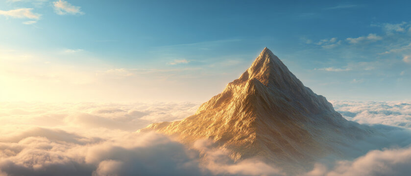 Stunning golden mountain peak rising above a sea of soft fluffy clouds during a vibrant sunrise in a serene and majestic alpine landscape