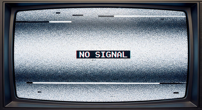 A vintage CRT television displaying a 'NO SIGNAL' message amidst heavy static, depicting a classic technical difficulties screen.