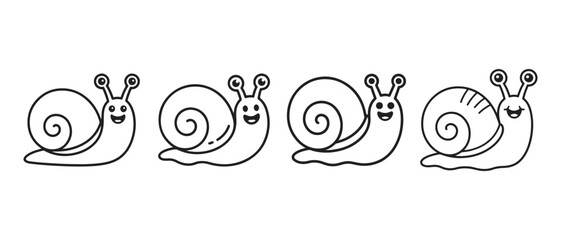 Cute Cartoon Snails in Black Line Art, a Simple Vector Illustration Set on White Background. © NadimStoker