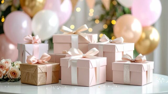 Beautifully wrapped pink and gold gift boxes with satin bows arranged for a festive celebration with balloons