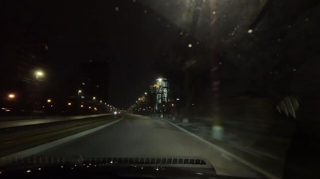 Night Driving Through City Streets Urban Road Low Light View