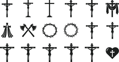 Fototapeta premium Set of Christian icons featuring crucifix symbols, crown of thorns, shroud, and heart for Good Friday, Easter, religious branding, church worship, and spiritual design.