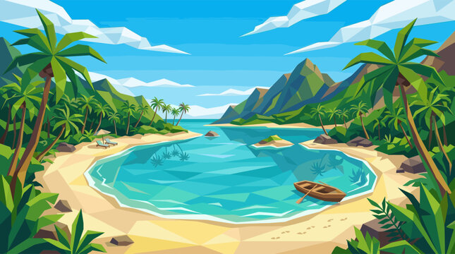 A vibrant, low-poly vector illustration of an idyllic tropical cove with palm trees, turquoise water, and a sandy beach, evoking a sense of peaceful paradise and vacation escape.