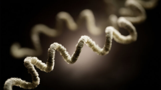 Microscopic macro view showing fascinating spiral bacterium pathogen causing alarming infectious disease floating in dark liquid representing danger to health biology