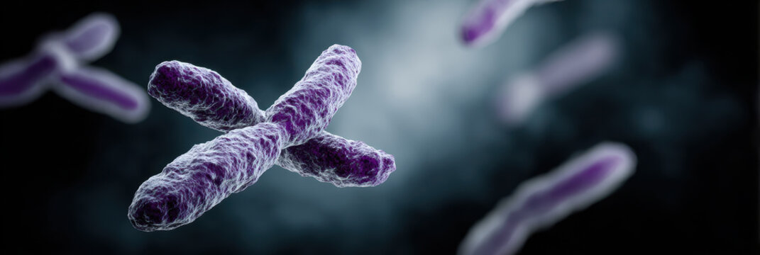 Microscopic view of purple chromosome structure floating in dark scientific background conveying curiosity and medical research discovery