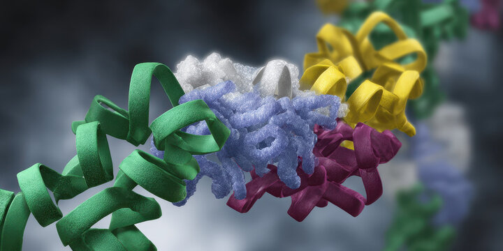 Colorful dynamic protein molecule structure displaying fascinating biological science chemistry in an abstract microscopic ribbon diagram background showing intriguing cellular complexity