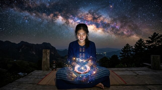 A Thai Woman Contemplating the Universe with Her Hands Under the Stars in a Serene Natural Setting