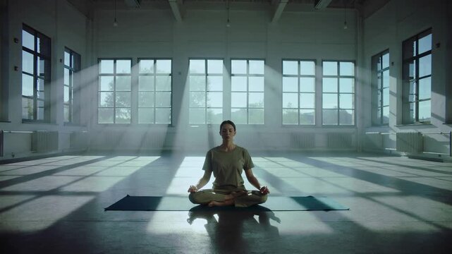 Woman embraces sunlit serenity in a spacious studio, finding profound inner peace during a tranquil morning meditation session