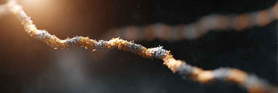 Macro photograph revealing dramatic tension of fragile frayed rope string fiber thread with rough texture under warm glowing light creating mysterious feeling