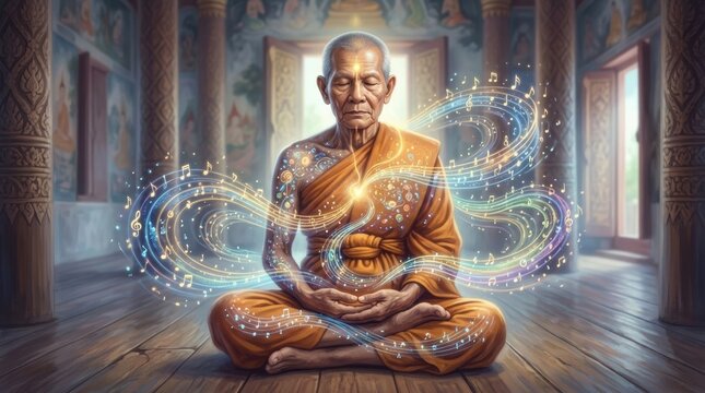 Meditation State of a Monk Channeling High Fidelity Sound Waves and Musical Harmony in a Serene Sacred Space