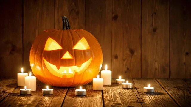 Glowing carved Halloween jack o lantern pumpkin surrounded by lit candles on a rustic wooden table in a dark room