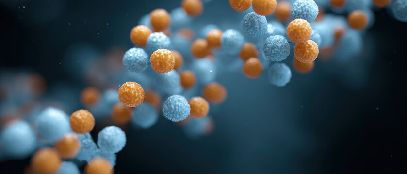 Fascinating abstract complex molecule structure showing blue and orange sphere in science biology and chemistry research highlighting dynamic microscopic medical connection