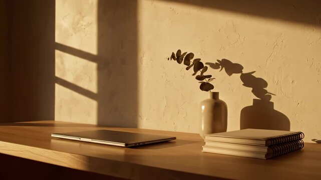 Video of Serene Workspace Still Life inspired by minimalist study aesthetic, featuring gentle sunlight motion and calming interior design for creative branding and mindfulness themes; uncluttered desk