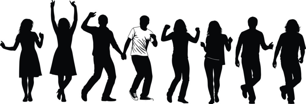 Dancing people silhouettes group, men and women party dance poses, energetic movement figures, celebration crowd characters isolated vector