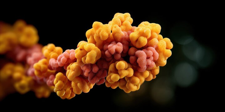 Fascinating complex microscopic protein molecule structure displaying vibrant orange and red colors representing abstract biology and medical science research against dark background