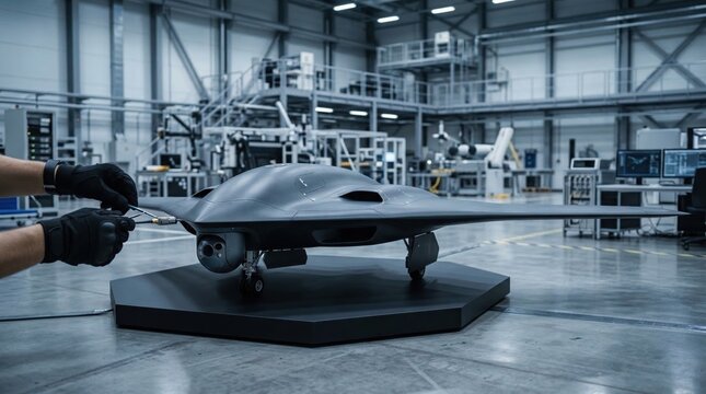 Engineer Working on Advanced Unmanned Aerial Vehicle in High-Tech Manufacturing Facility, Developing Next-Generation Military Drone Technology for Surveillance and Defense