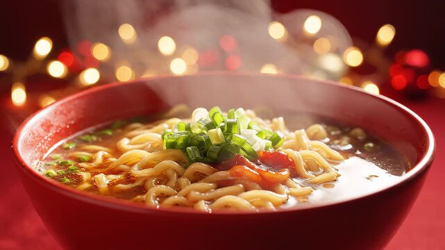Steaming bowl of noodles on table.