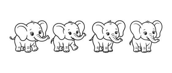 Fototapeta premium Cute Cartoon Baby Elephants Walking with Happy Expressions on White Isolated Background, Simple Black and White Illustration.