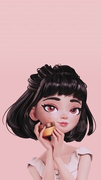 Vertical 3D render of a cartoon Korean girl holding a face cream. Stylized character on a soft pink background. Top copy space for advertising. Brunette teen smiling and tapping a yellow cream jar.